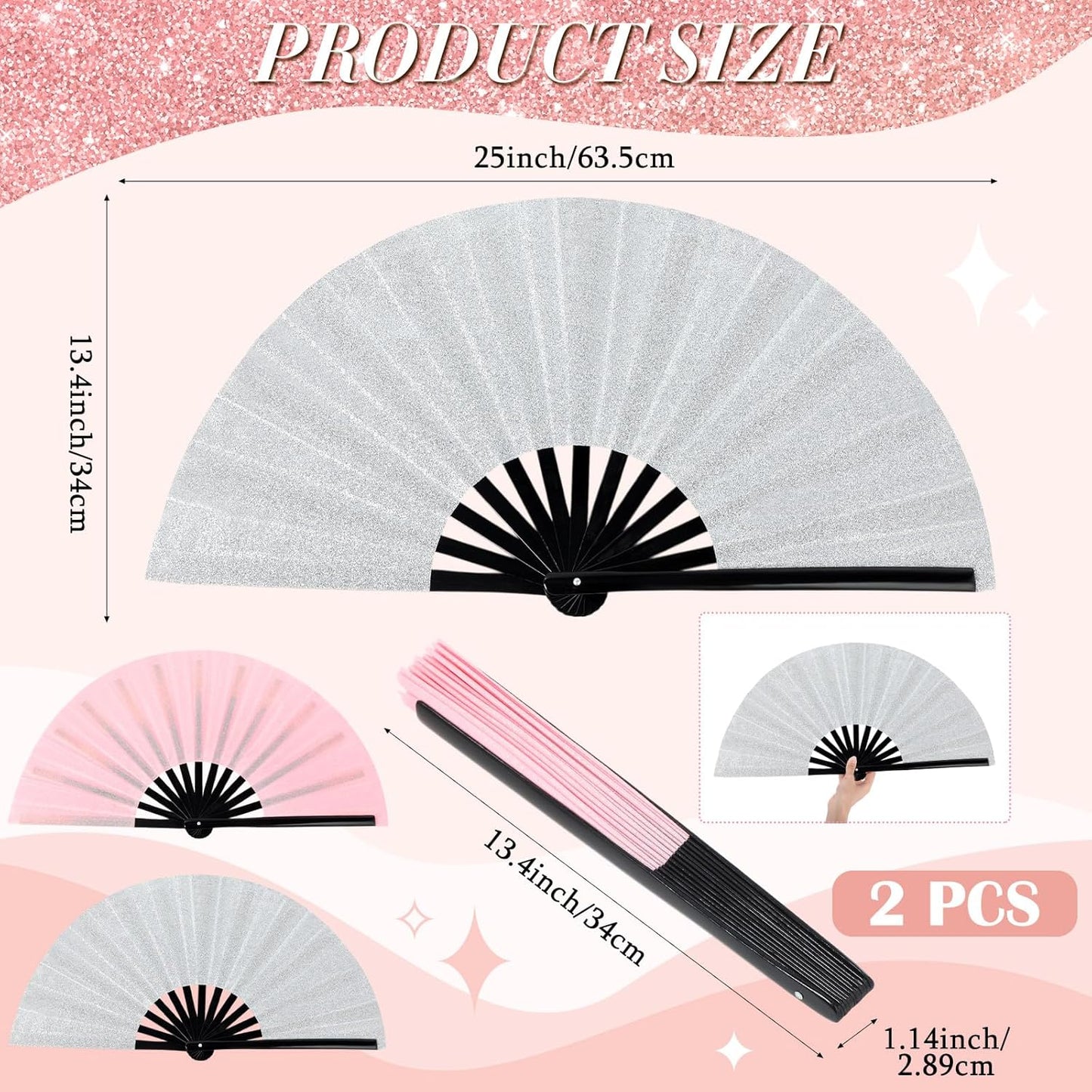 Maitys 2 Packs Large Clap Fans for Line Dancing Large Chinese Folding Hand Fans for Men and Women, Festival, Tai Ji, Kungfu, Martial Art, Gifts (Glitter Silver and Pink)