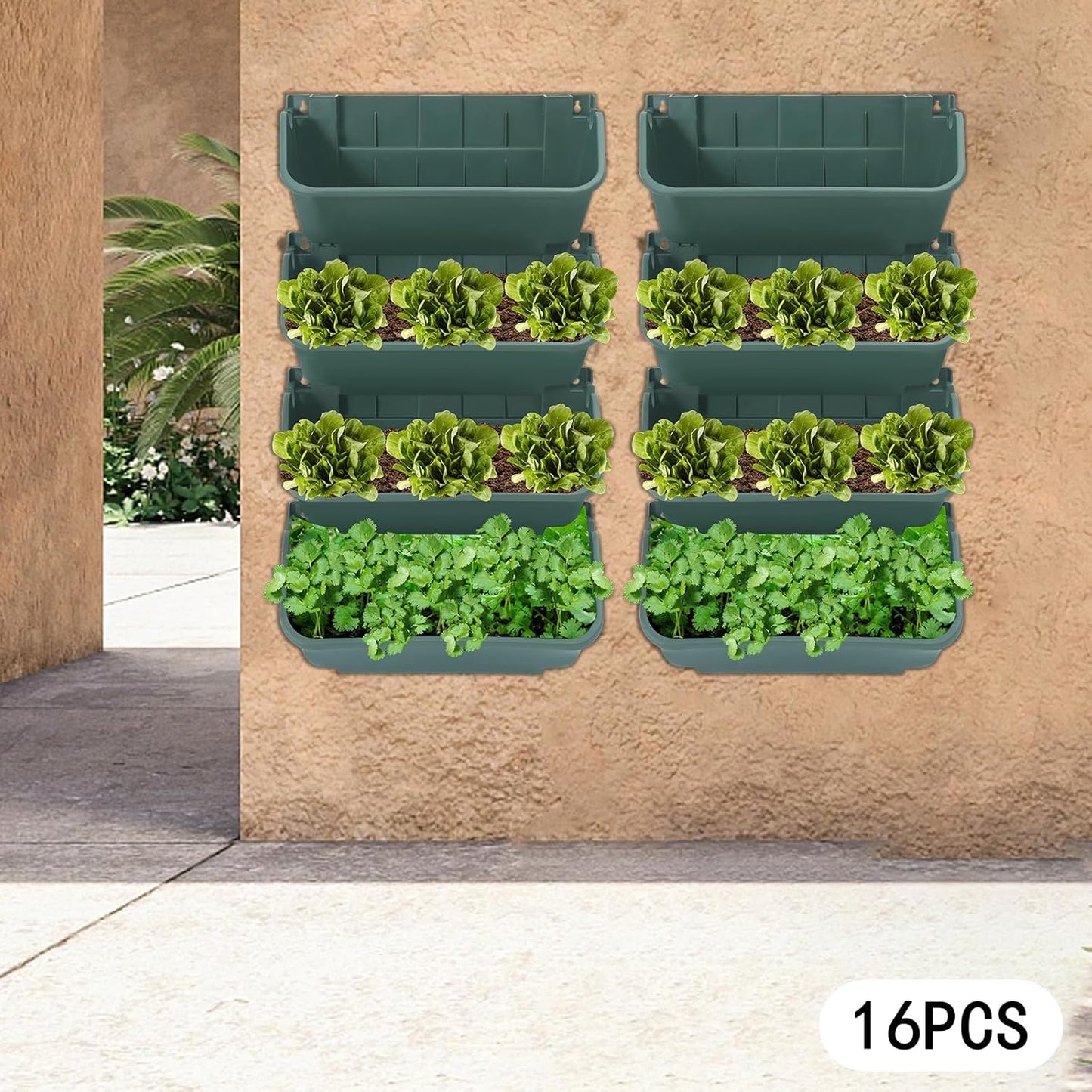 16 Pack Self Watering Wall Mounted Planter, Indoor and Outdoor Vertical Planter Wall Mounted Planter for Patio Outdoor Decor with Drainage Holes, Vertical Garden Planters for Indoor Plants- Green