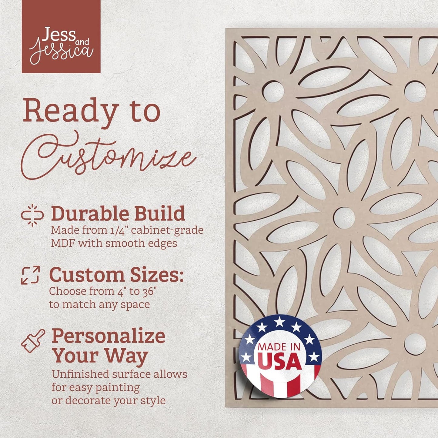 Jess and Jessica Lattice Panels-Decorative Wood Panels, Wood Lattice Panels for Outside, Privacy Screen for Patio Outdoor, Window, Cabinets, Fretwork Wall Panels- Custom Size Lattice Panel Screen