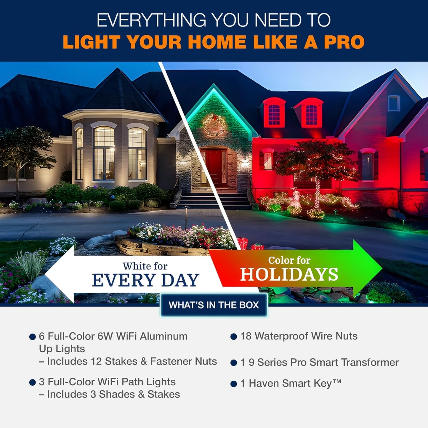 Haven Lighting 9 Series Pro Landscape Lighting Kit - Professional-Grade App Controlled Smart Lights with WiFi - Color Changing Exterior House Lighting, 6-Up/3-Path LED Lighting Kit