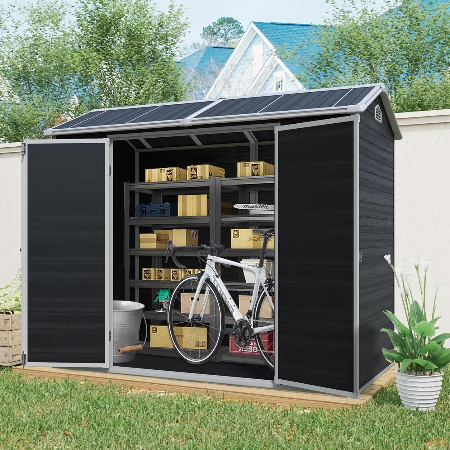 8x4 ft Outdoor Resin Storage Shed with Floor, Waterproof Plastic Garden Shed with Lockable Door and Two Windows, All-Weather Tool Sheds for Backyard, Patio, Lawn (Black)