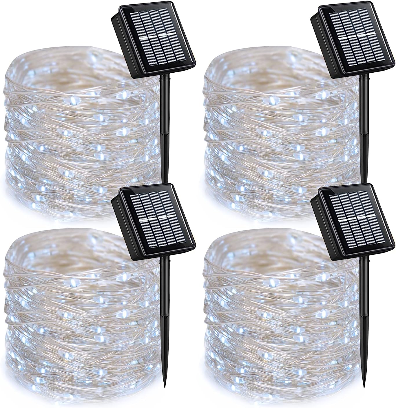 QITONG 4 Pack White Solar Fairy Lights, Each 33ft 100 LED String Light Outdoor Waterproof, 8 Modes Silver Wire Christmas Twinkle Lights
