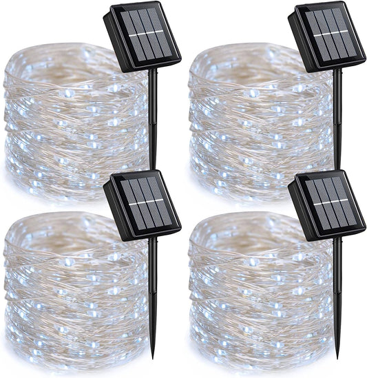 QITONG 4 Pack White Solar Fairy Lights, Each 33ft 100 LED String Light Outdoor Waterproof, 8 Modes Silver Wire Christmas Twinkle Lights