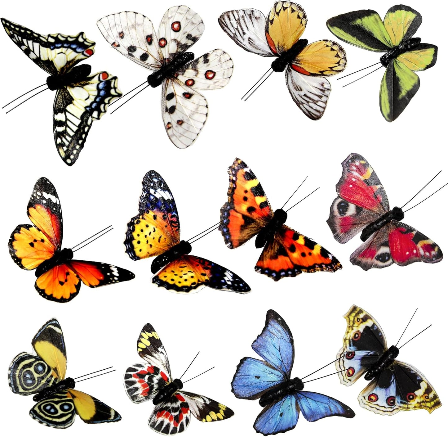 Cartanfill- Artificial Feather Simulation Butterfly Party Decoration Set, a Set of 12 Pieces with Wire, Used for Home Decoration in 12 Colors(C)