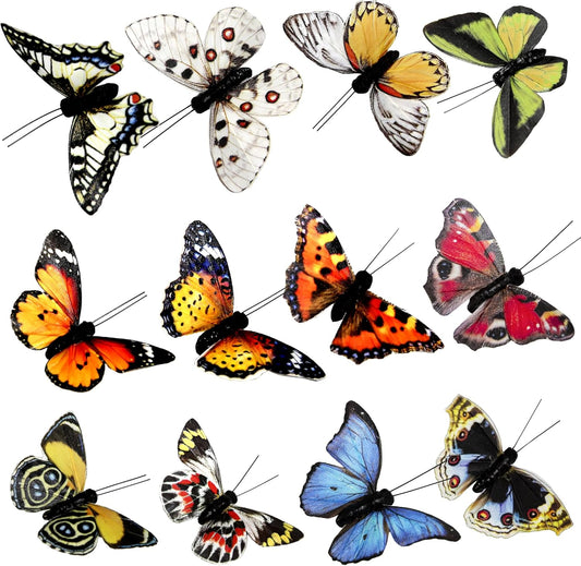 Cartanfill- Artificial Feather Simulation Butterfly Party Decoration Set, a Set of 12 Pieces with Wire, Used for Home Decoration in 12 Colors(C)