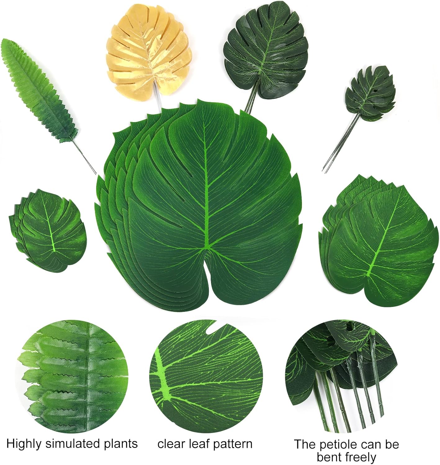 RECUTMS Artificial Tropical Palm Leaves 72Pcs 7 Kinds Green Gold Fake Monstera Leaf with Stem for Safari Jungle Hawaiian Luau Beach Baby Shower Wedding Birthday Party Table Summer Spring Decoration