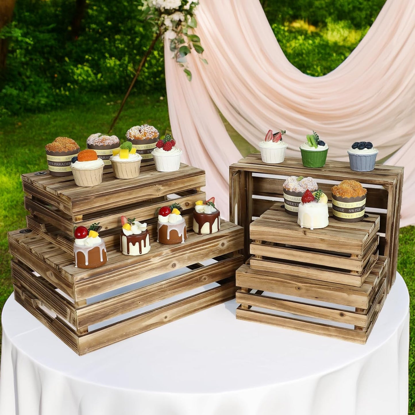 Set of 5 Large Wooden Crates, Nesting Storage Crate with Handles, Rustic Torched Brown Farmhouse Wooden Crates for Display, Wedding Birthday Home Party Living Room Kitchen Decoration