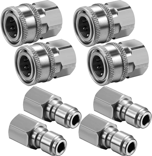 Hotop 4 Sets NPT 3/8 Inch Stainless Steel Male and Female Quick Connector Kit Pressure Washer Adapters Hose Quick Connector (Internal Thread)
