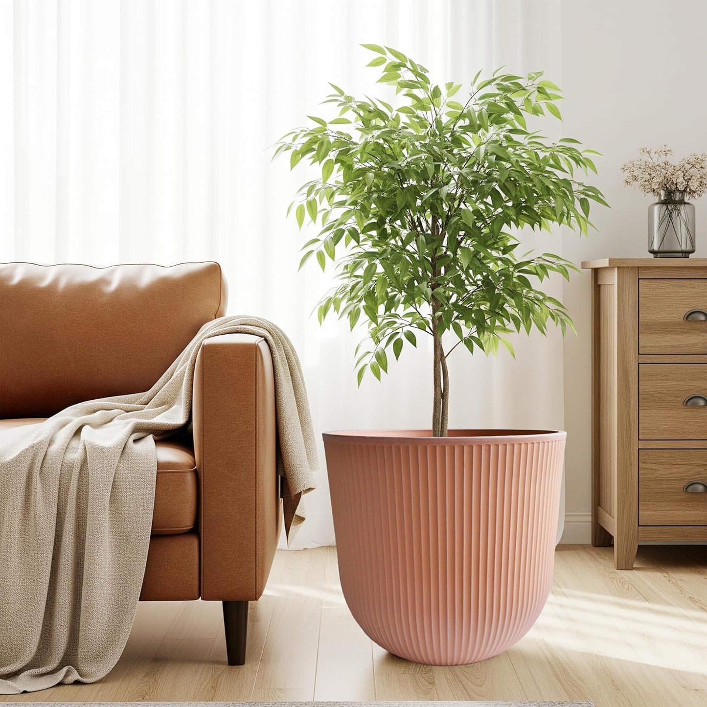 WORTH Garden Round Large Planter Pot 1-Pack, 17.5" Dia x 15.5" H - Durable Plastic Terracotta Plant Tree Pots with Vertical Stripe Textured Finish, Drainage Hole for Indoor Outdoor Front Porch Patio