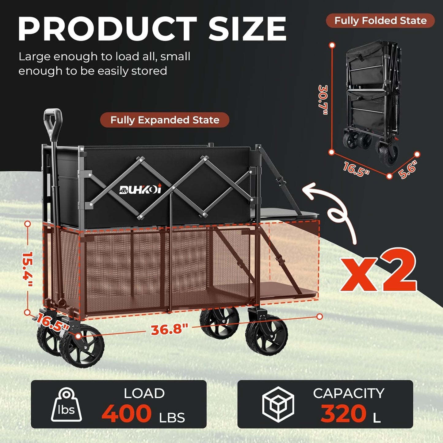 Double Decker Wagon 320L Large Capacity 400LBS Collapsible Sports Utility Cart with Big Wheels,Double Extended Tailgate Heavy Duty Folding Wagon Cart for Groceries,Camping,Beach,Garden,Outdoor