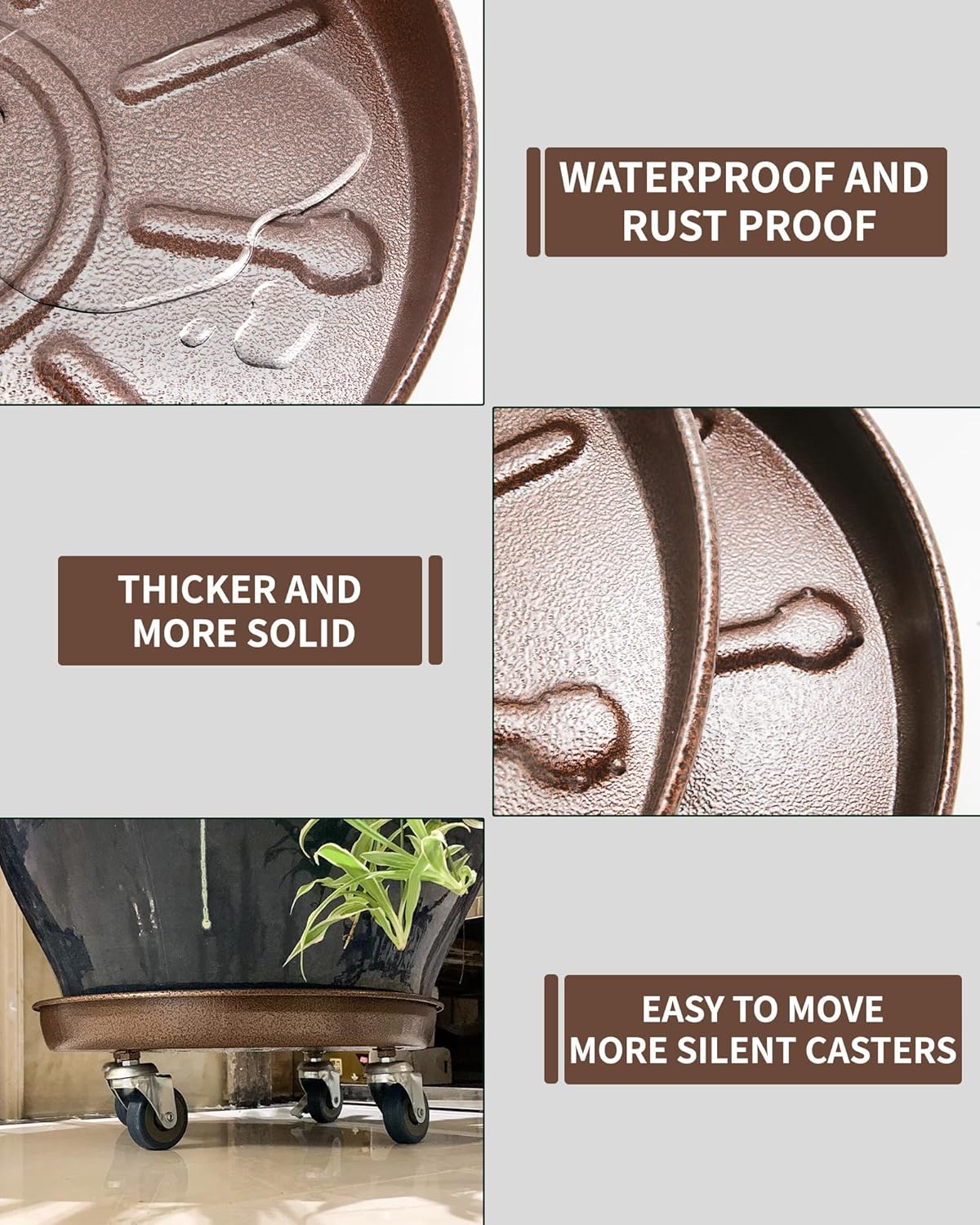 Heavy Duty Plant Caddy with Solid Rubber Wheels, Lockable, Increased Load Capacity, One-Minute Installation, Suitable for Indoor, Outdoor, Patio, Garden Settings, 14 Inches 3PACK, Brown