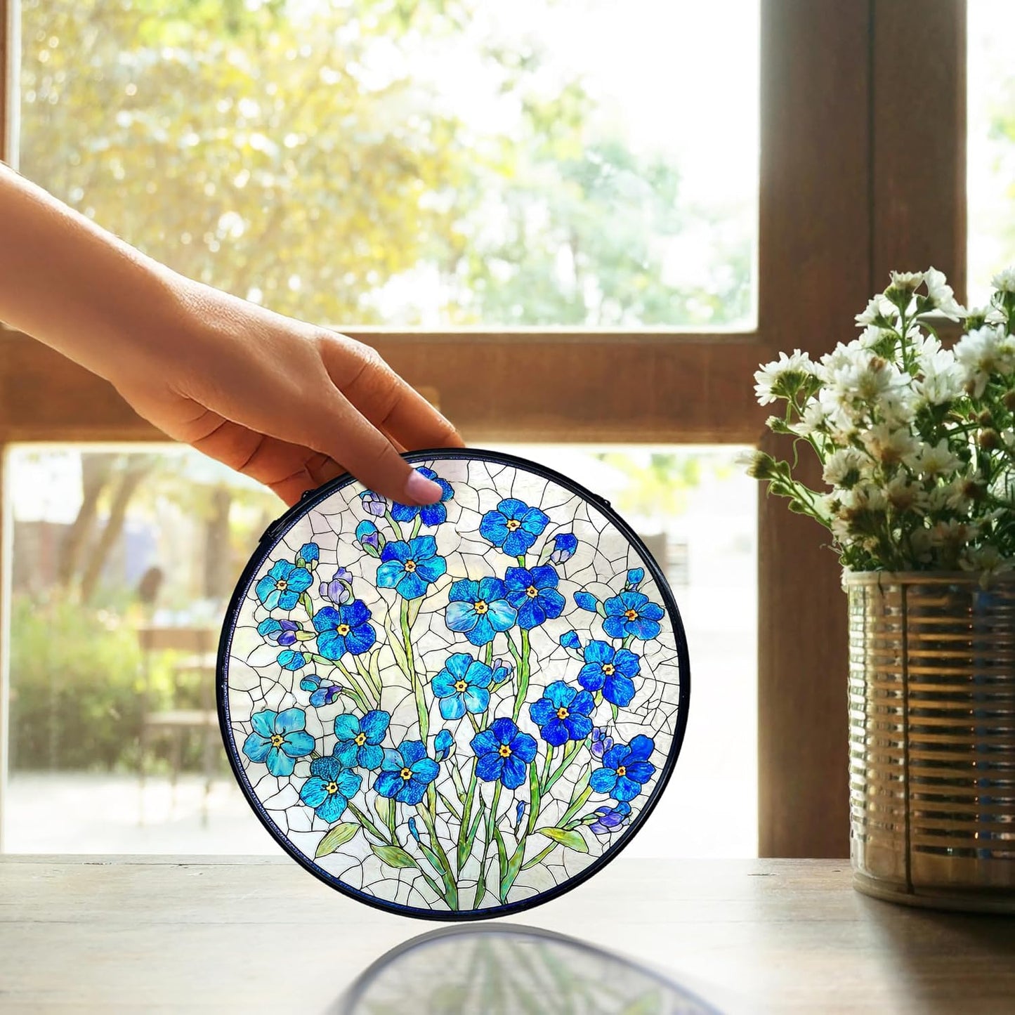 TNUW Blue Forget Me Not Flower Stained Glass Window Hanging, Blue Floral Sun Catchers Indoor Window Glass Round Wall Art Decor, Floral Botanical Wall Hanging Decorations, 7.9＂x7.9＂
