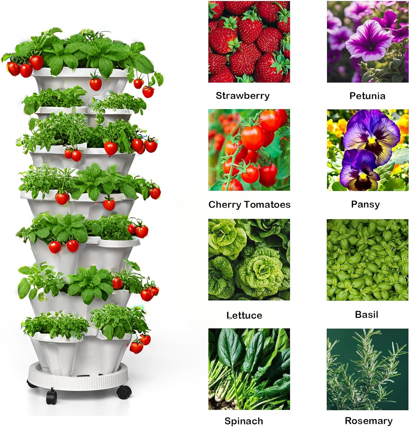 7 Tiered Strawberry Planters 2 Pack, Vertical Stackable Planter, Herb Stacking Tower Garden, Flower and Vegetable Planters with Support Pole Indoor and Outdoor with Removable Wheels Dark Grey