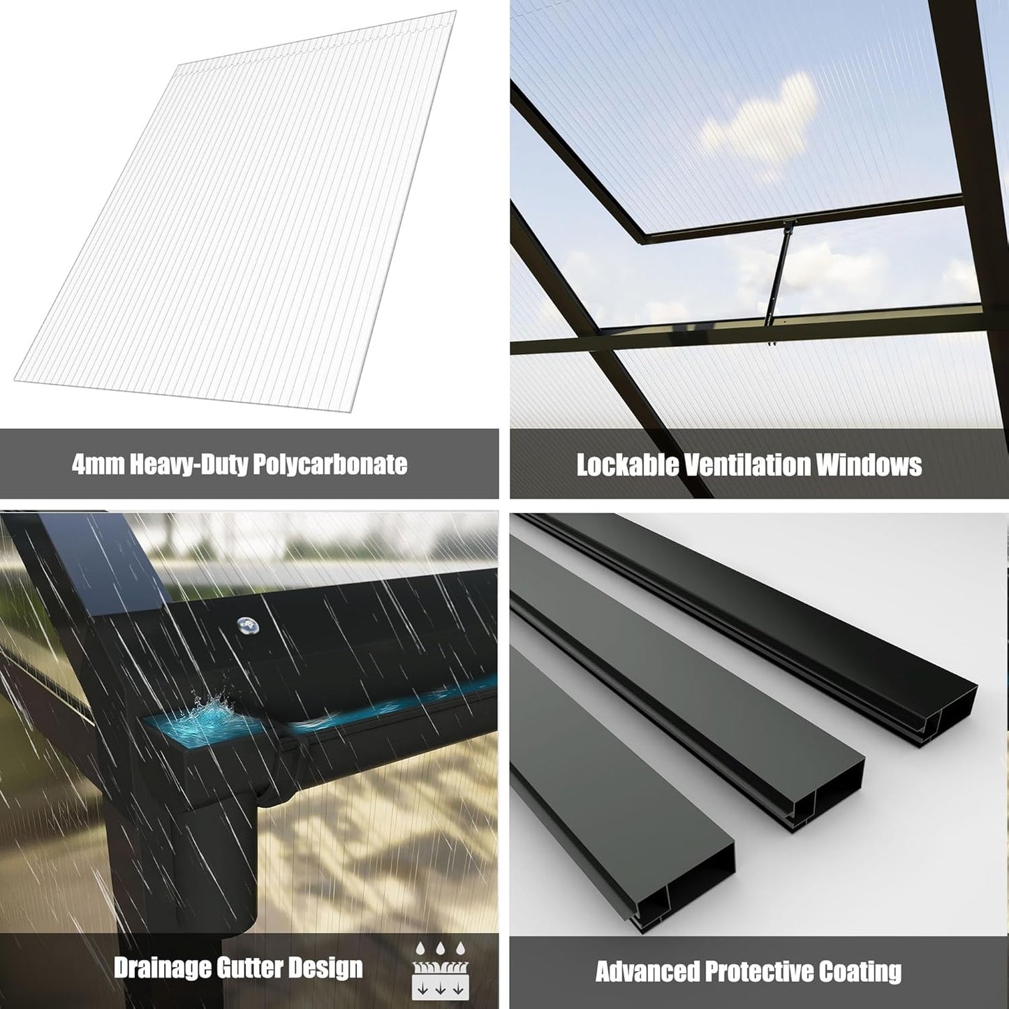 8x14 FT Greenhouse, Polycarbonate Green House with Quick Setup Structure and Roof Vent, Aluminum Large Walk-in Greenhouse for Outside Garden Backyard, Black