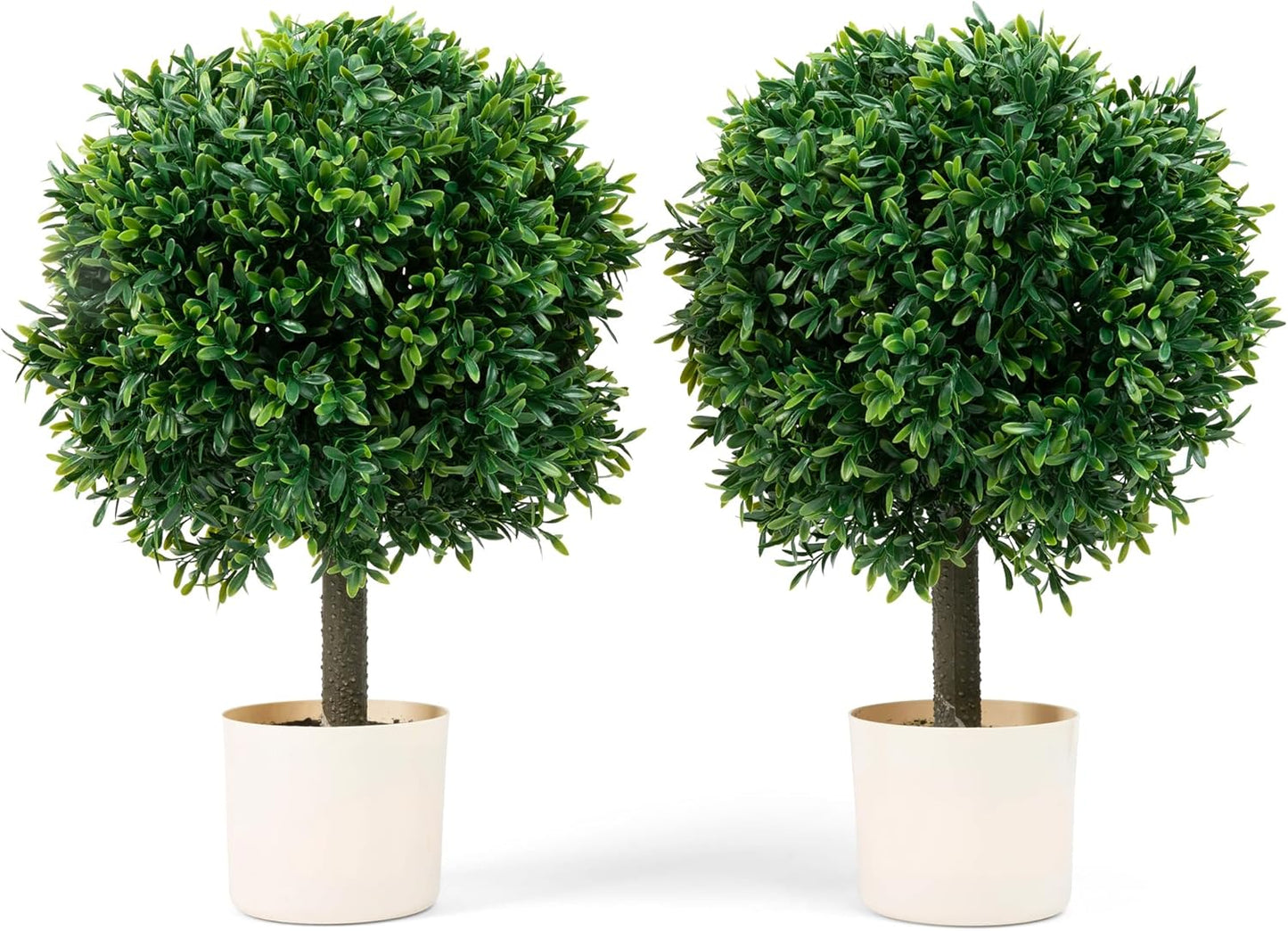 Premium 16" Diameter Artificial Japanese Boxwood Topiary – Set of 2 Faux Plants in Beige Decorative Planters – Realistic, UV-Resistant, Weatherproof Outdoor & Indoor Décor