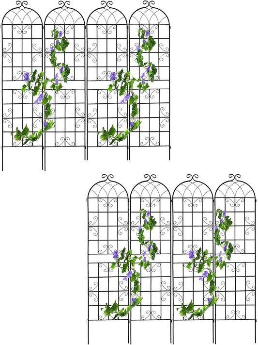 8 Pack Metal Garden Trellis for Climbing Plants, 86.7" Tall Rustproof Outdoor Trellis Panel with Vine Design, Decorative Black Iron Plant Support for Vine, Rose, Flower, Garden Wall