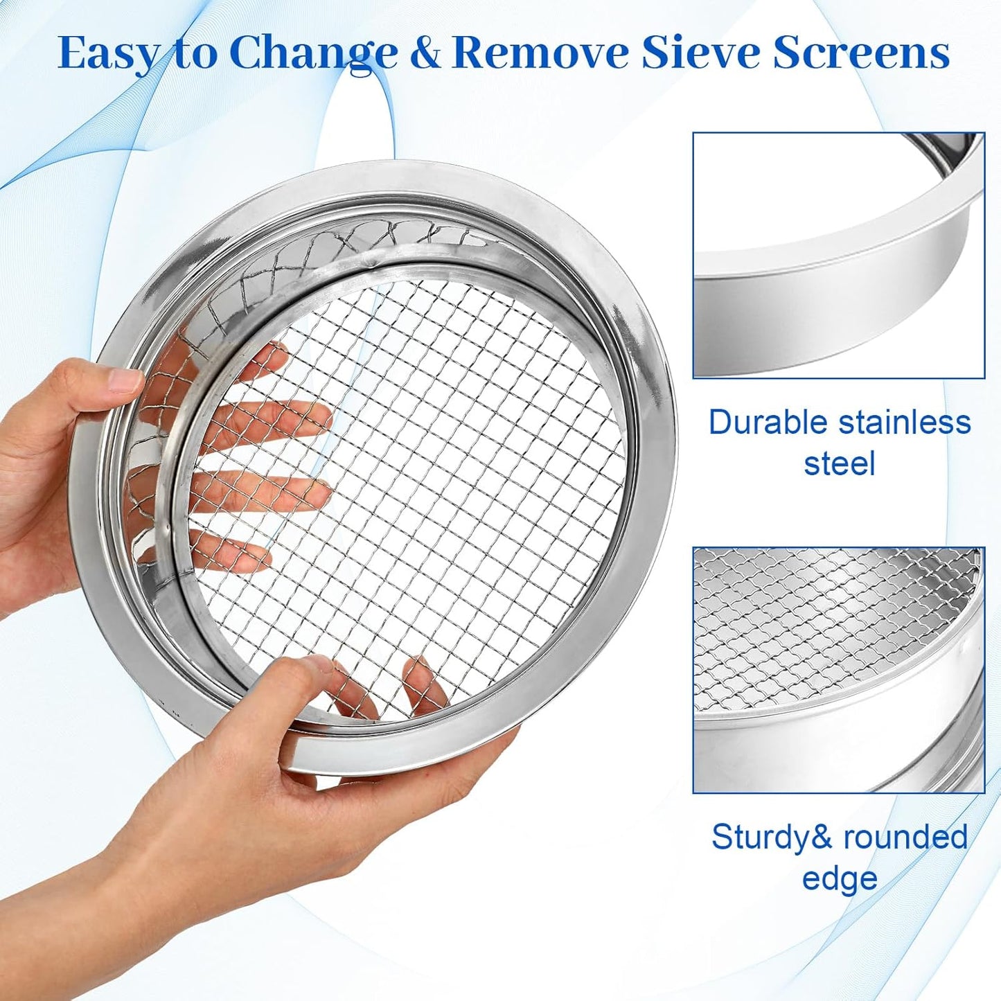 Multi-Purpose Soil Sifter for Gardening Stainless Steel 9.44”, 5 Pcs Stainless Steel Soil Sieve Mesh (1,3,6,9,12mm), Stackable Sifting Screen Pan for Bonsai Sand Rock Dirt Compost Sifter