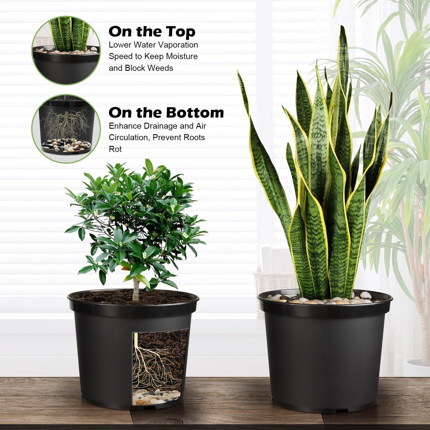 5 Gallon Pots with 10lbs Rocks, 12 Inch Plastic Nursery Pots with Drainage Holes, Round Sturdy Garden Pots with Stones, Deep Nursery Pots for Plants, Gardening Gifts for Women (5-Pack, Black)