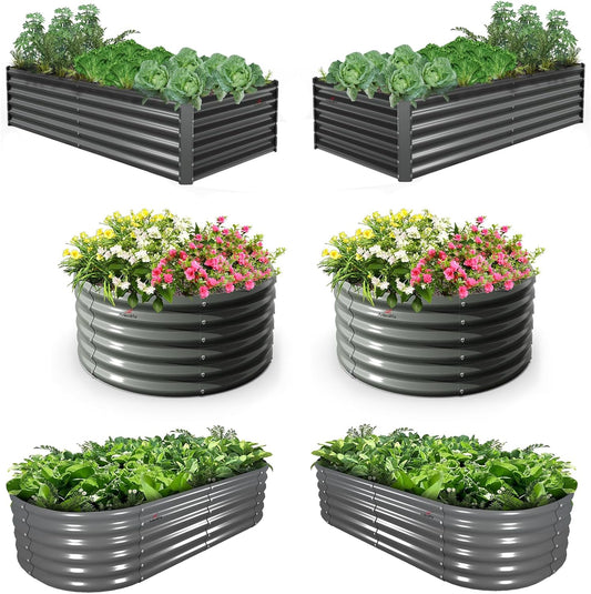 A ANLEOLIFE 6-Pack 4X4 & 6X3 & 6X2 Deep Root Galvanized Raised Garden Beds Outdoor for Planting Vegetables Flowers Herb,Quartz Grey