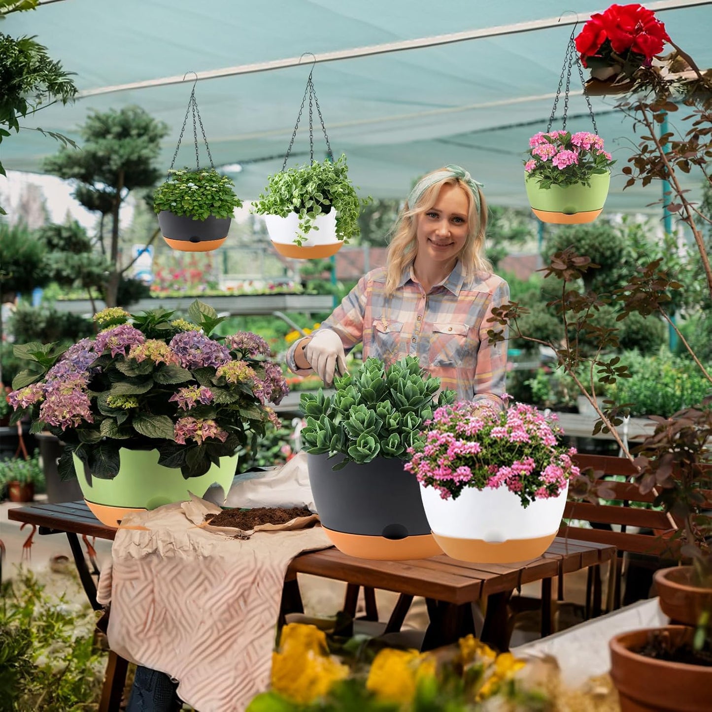 8/10/12 inch Hanging Planters for Indoor Outdoor Plants with Self-Watering Pots, 3 Pack Plastic Hanging Basket with Removable Tray for Home Garden Porch Balcony Patio Decor(White)