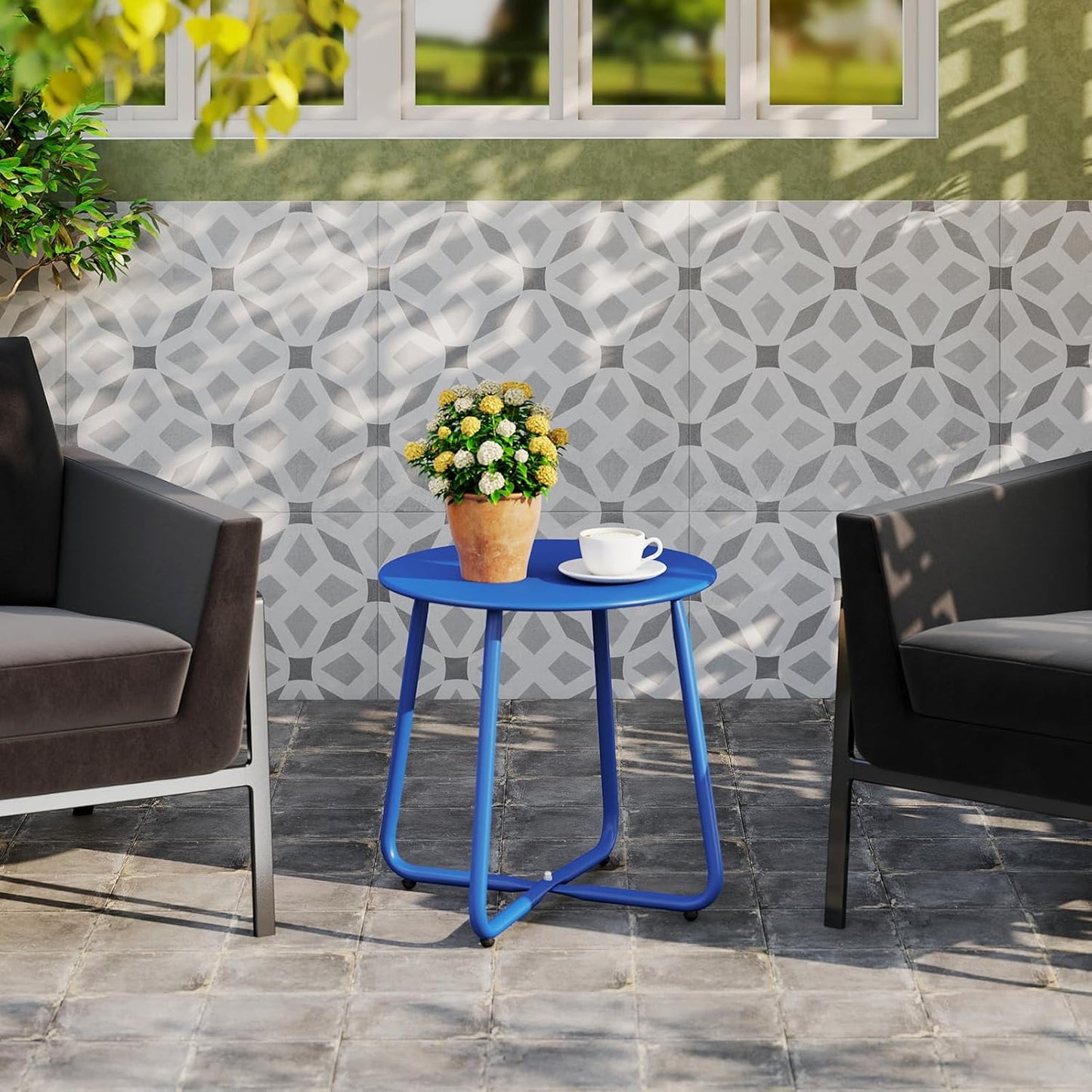 HollyHOME Round Metal Side Table, Rust-Resistant Patio Small Plant Stand, Outdoor 17.32'' Portable End Table for Balconies, Gardens, Living Rooms and Bedrooms, SkyBlue