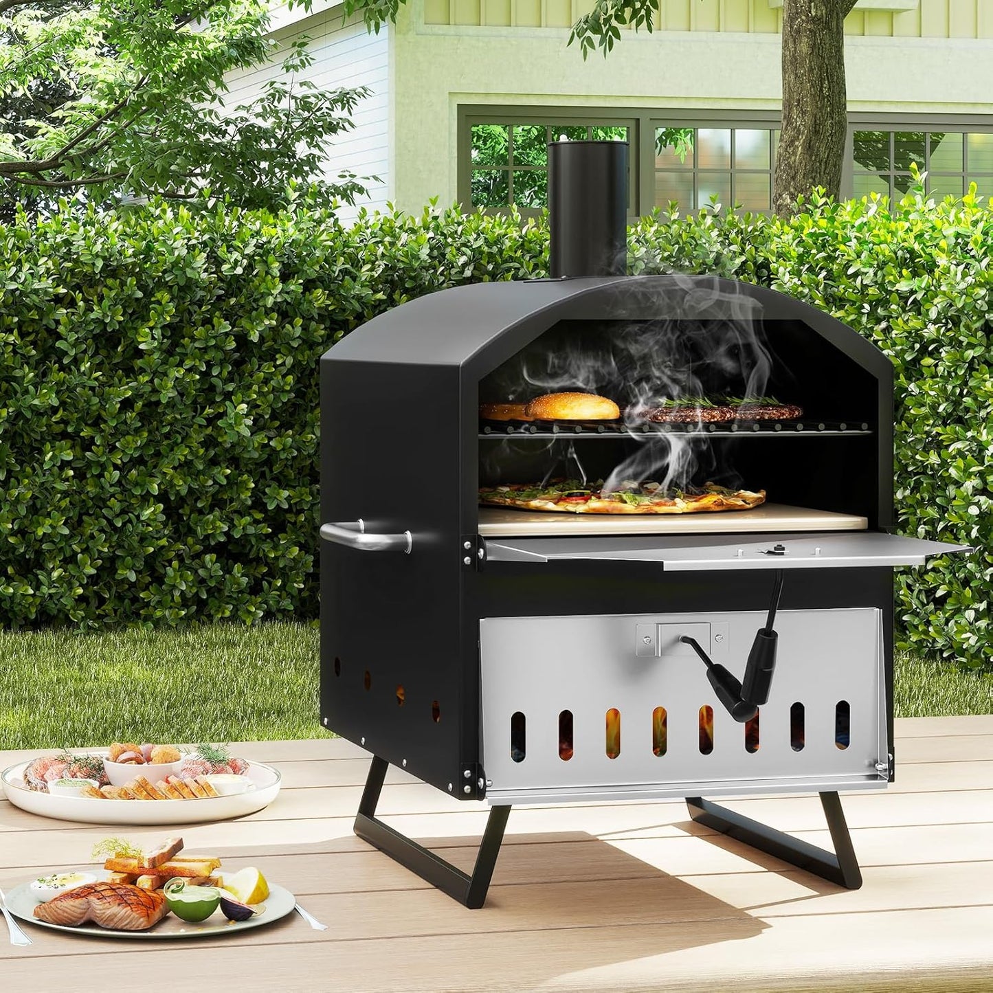 Happygrill Pizza Oven Outdoor, 16” 2-Layer Wood Fired Pizza Maker with Stone, Peel & Grill Racks, Portable Burning Stove with Folding Legs and Cover for Camping Patio Backyard BBQ