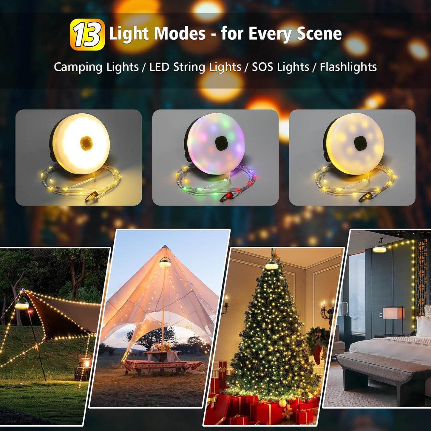 180LEDs 33FT Solar Camping String Lights,Outdoor Fairy String Lights with 13 Lighting Modes & Timer, Waterproof & Rechargeable, Camping Gear for Tent,Yard,Garden,Hiking,Travel Decor