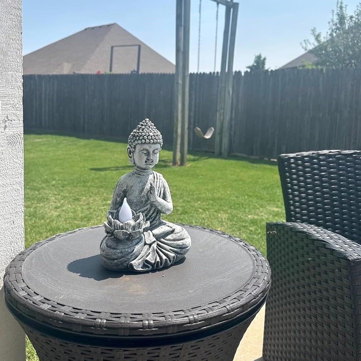 Solar Buddha Statue - Outdoor Zen Sculpture With Flickering LED Lotus Light - Waterproof Garden Decor Gift - 11.81 Inch