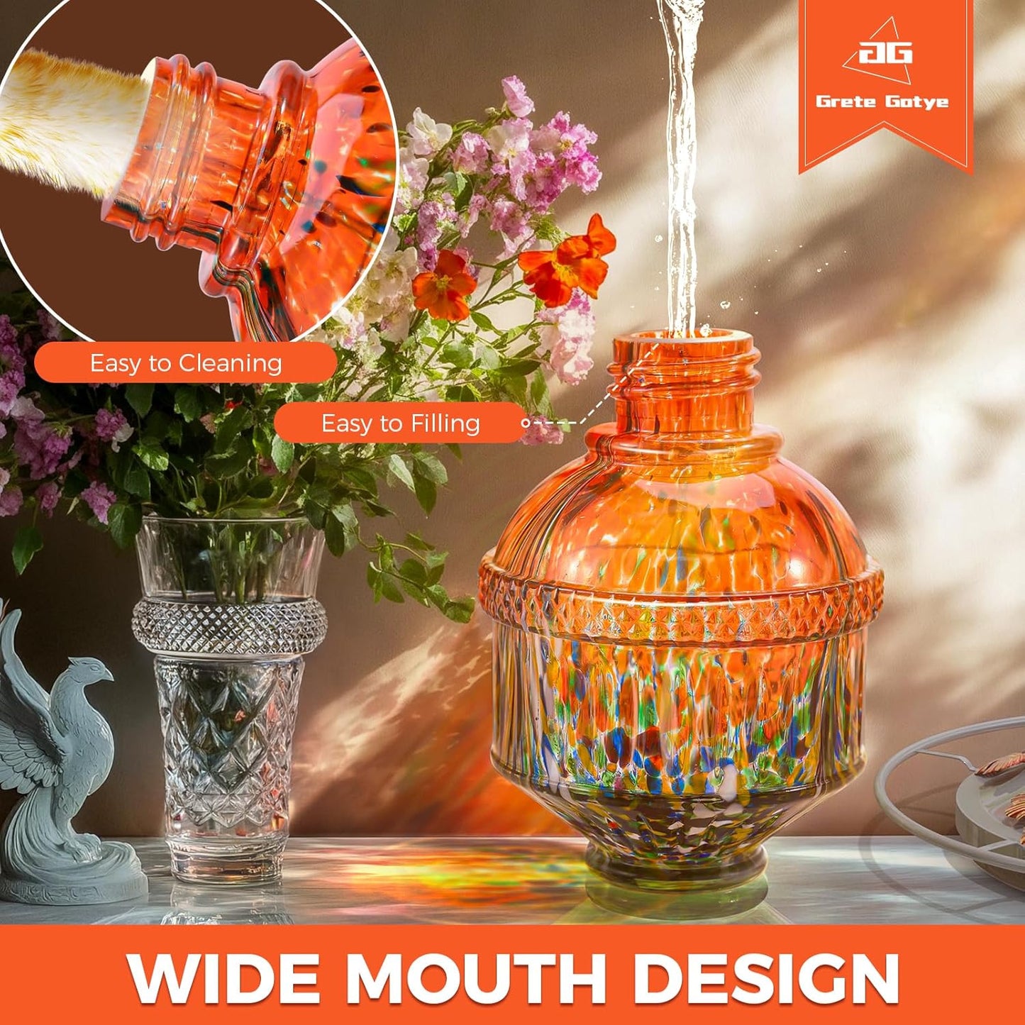 Blown Glass Hummingbird Feeders for Outdoors, 25 Ounces Wild Bird Nectar Feeder with Perch & 5 Flower Feeding Ports Leak Proof Hanging for Garden Backyard Decor, Gifts for Women Mom, Orange