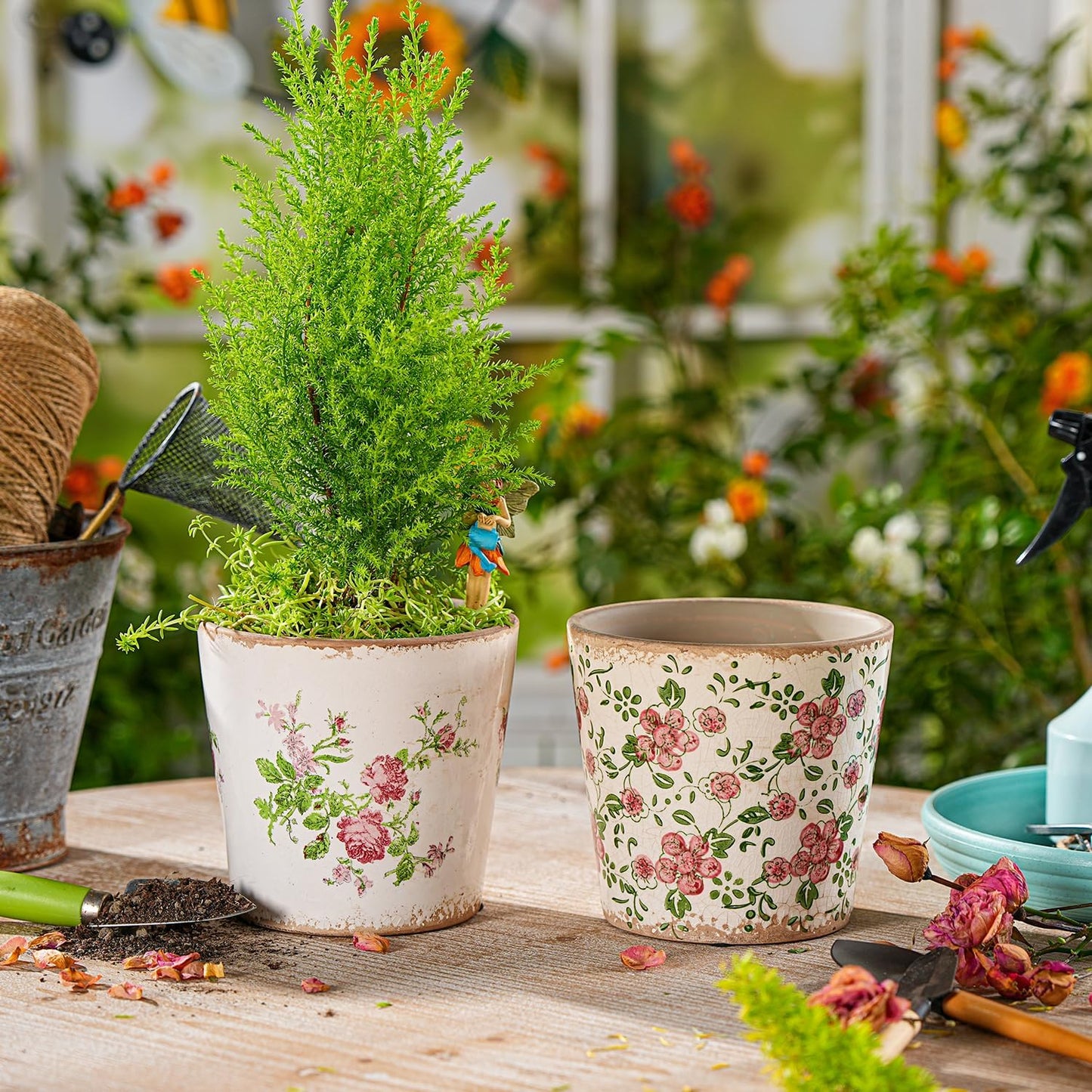 Sungmor Vintage Ceramic Plant Pots, Set of 2 Pretty Ice Cracked Glaze Ceramic Flower Pots, 5.5in. Herb Planters with Drainage Hole, Tuscan Planters for Indoor Outdoor Plants, Home Garden Decor Pot