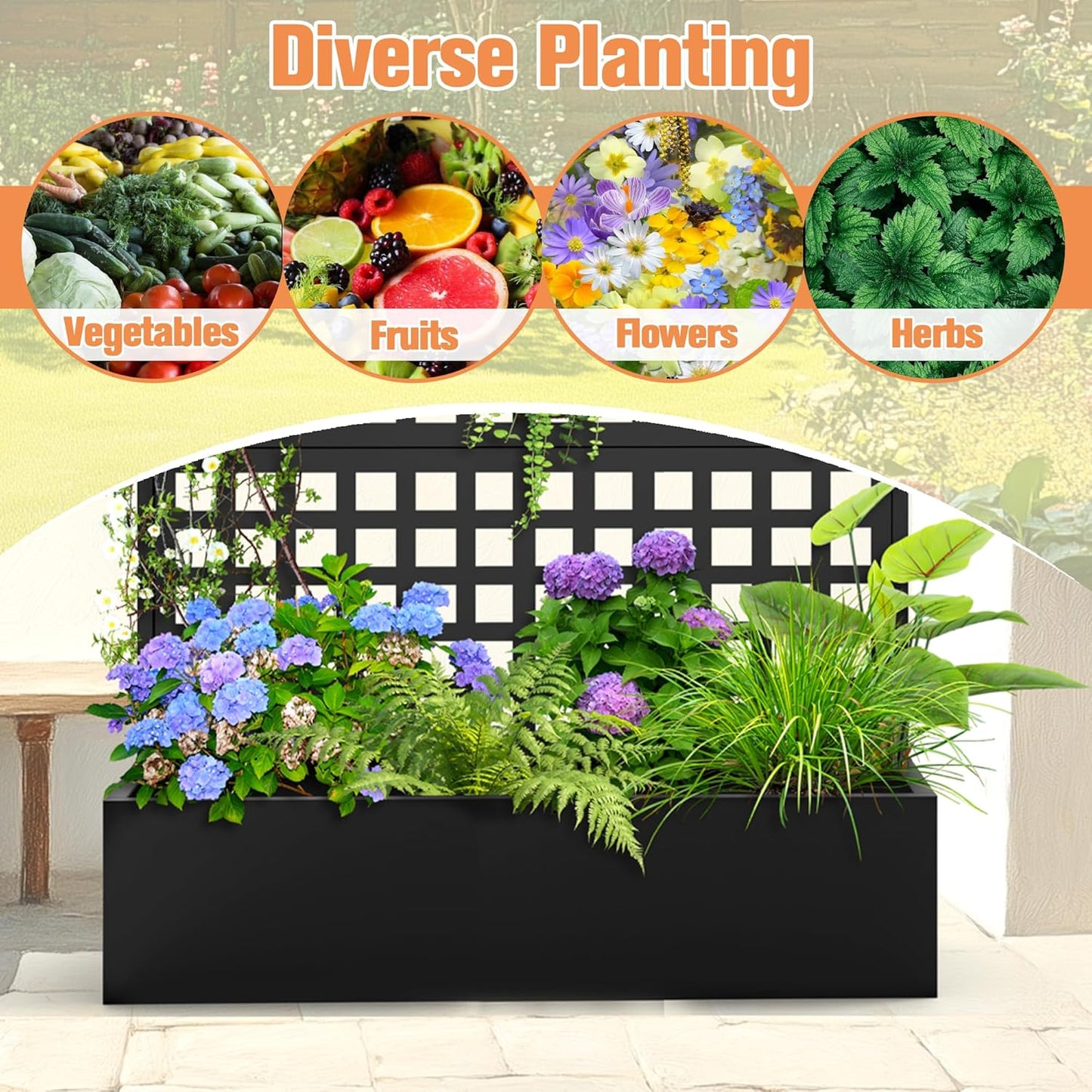 Metal Planter Box with Trellis & Wheels, Raised Garden Bed with Privacy Screen, Outdoor Standing Flower Beds with Drainage Hole for Climbing Plants, Vine, 47" Lx16 Wx71 H