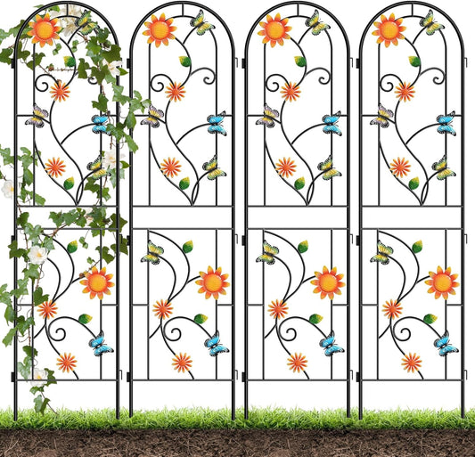 87 Inch Metal Garden Trellis for Climbing Plants, Kalolary 4 Pack Colorful Butterfly Plant Trellis Support Decoration Arched Fence Trellis Outdoor for Patio Lawn Garden Yard Backyard Wall