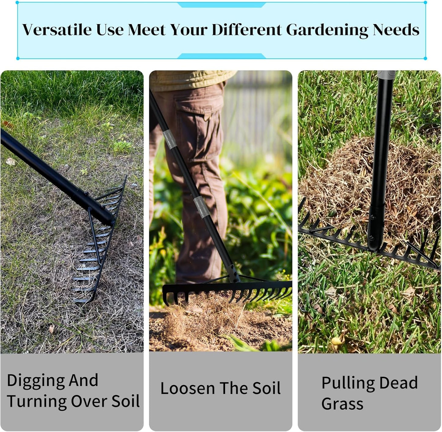 Heavy Duty Bow Rake with Stainless Steel Handle for Farming Land Management Leaf Gathering Durable Ergonomic Garden Tool with 16 Tine Head 63 Inch Assemble Long Shaft Suitable for Large Areas