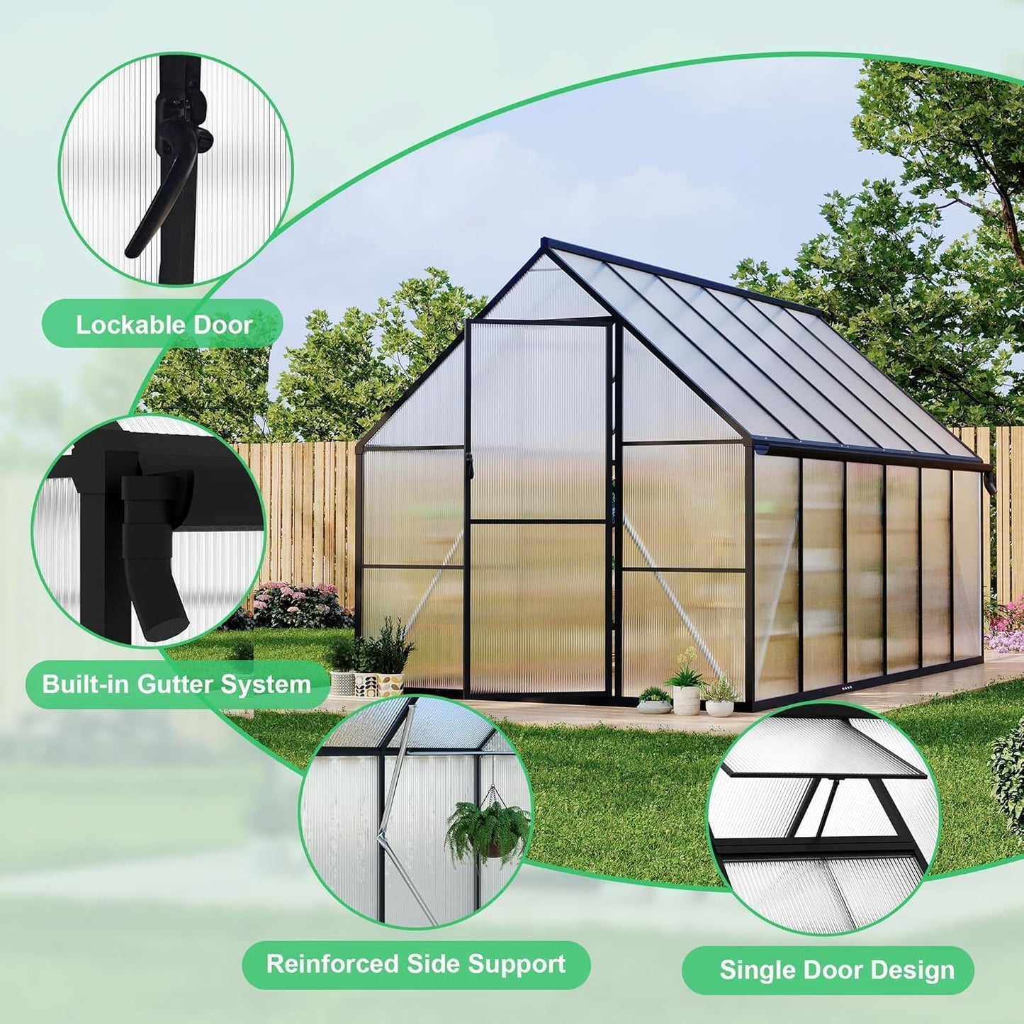 Greenhouse 6x9 FT Aluminum-Framed Heavy Duty Polycarbonate with Quick Setup Structure and Roof Vent Large Enhanced Outdoors Green House Kit