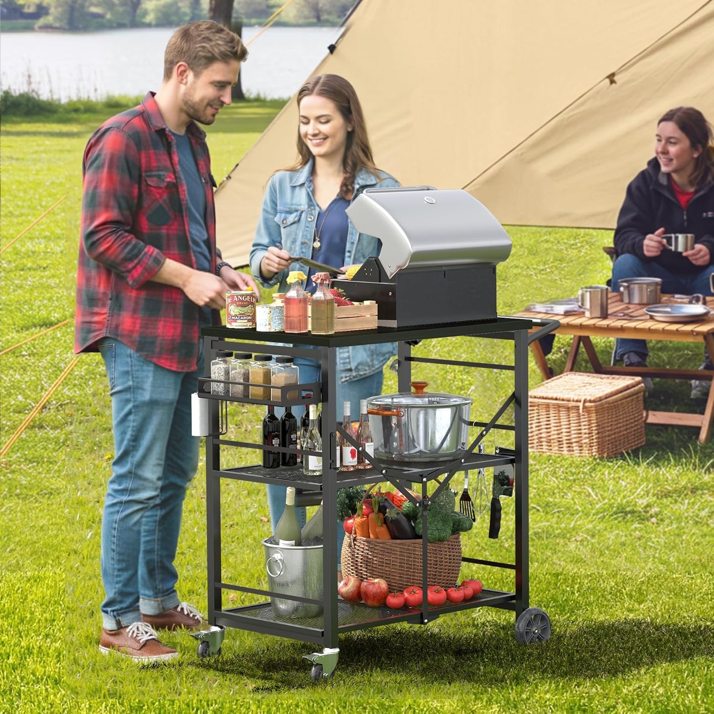 Ciokea Folding Outdoor Grill Cart with Wheels, 3-Shelf Grill Table with 27x18 in Table Top, Rolling Pizza Oven Stand, Metal Portable Cart for BBQ Patio Camping (All Black)