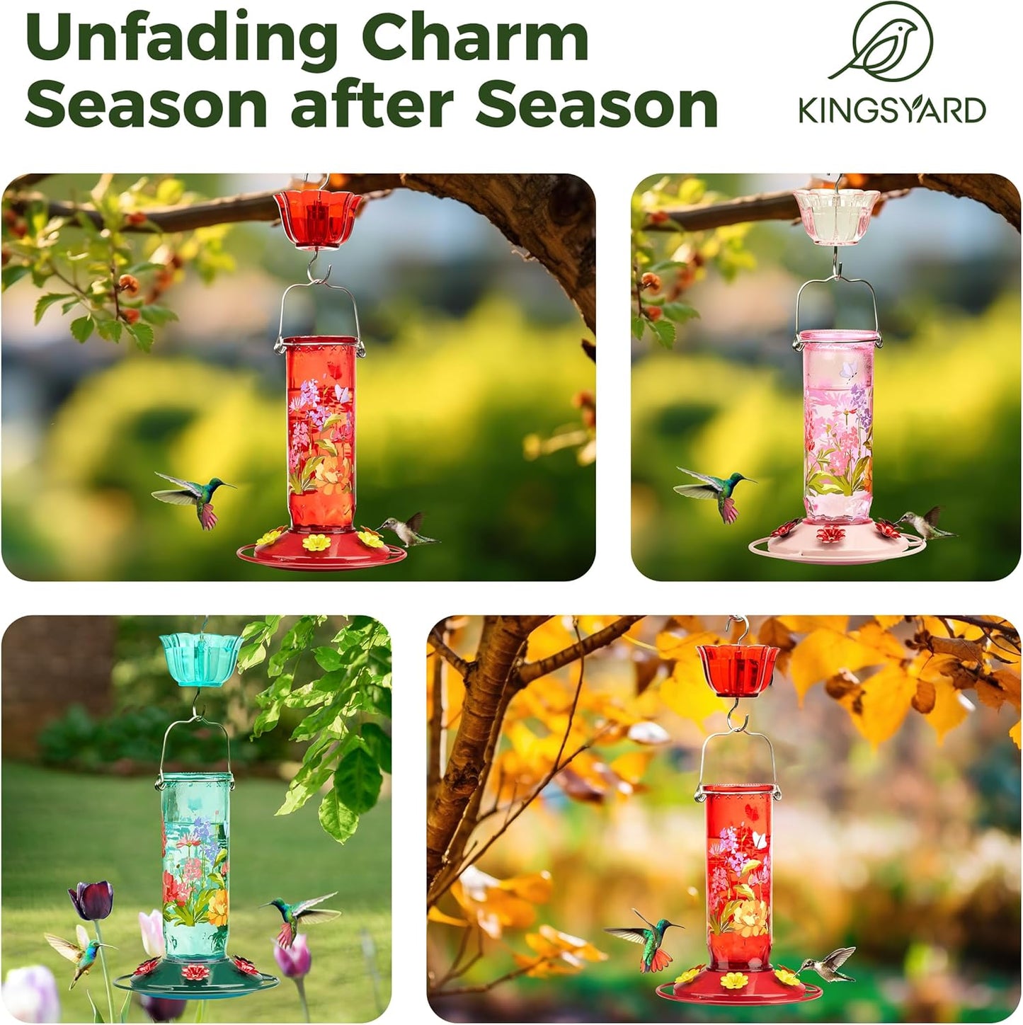 Kingsyard Hummingbird Feeder for Outdoor Hanging - Charming Patterned Glass Humming Bird Feeder with 6 Feeding Ports and Ant Moat, Ideal Gift Choice for Bird Lovers, Blue