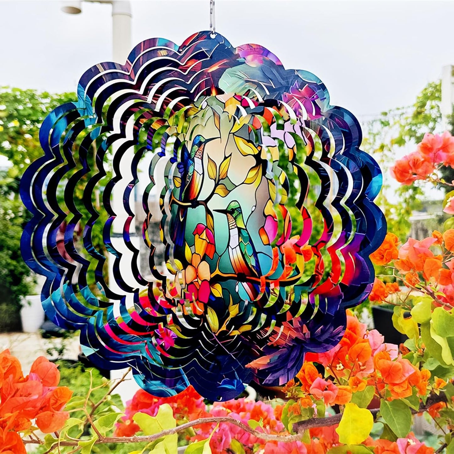 Wind Spinners Outdoor Hummingbird Art12 inch 3D Stainless Steel Laser Cut Metal Art Geometric PatternWind Sculpture Hanging for Yard Garden Decorations Wind Sculpture Gifts Outdoor