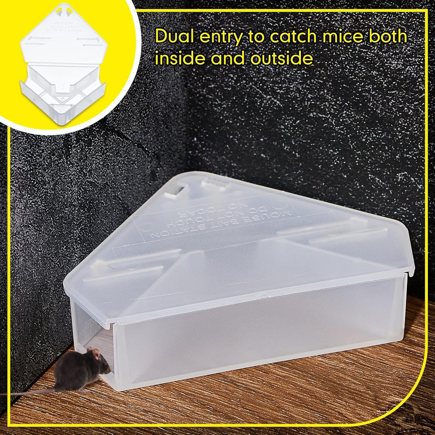 Qualirey 6 Pcs Mice Station with Key Triangle Bait Station Reusable Rodent Trap Bait Box, Keeps Children and Pets Safe Indoor & Outdoor, Bait Not Included, Suitable for Small Mice (Translucent)