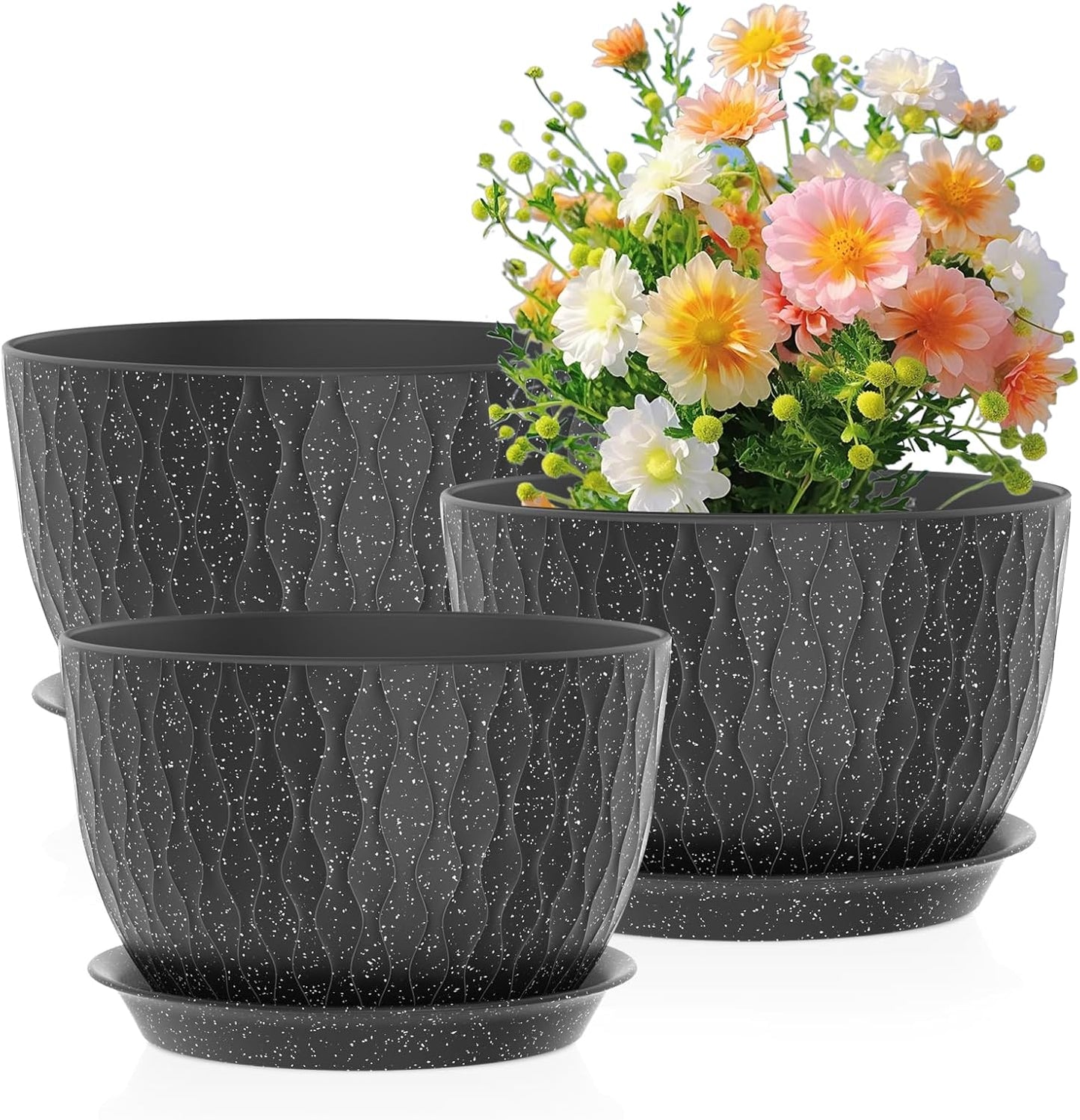 12/10/9 inch Large Flower Pots, 3 Set Big Plant Pots for Outdoor Indoor Plants with Water Ripples, Wide Plastic Planters with Drainage Holes and Saucers for Garden House Plants, Speckled Black