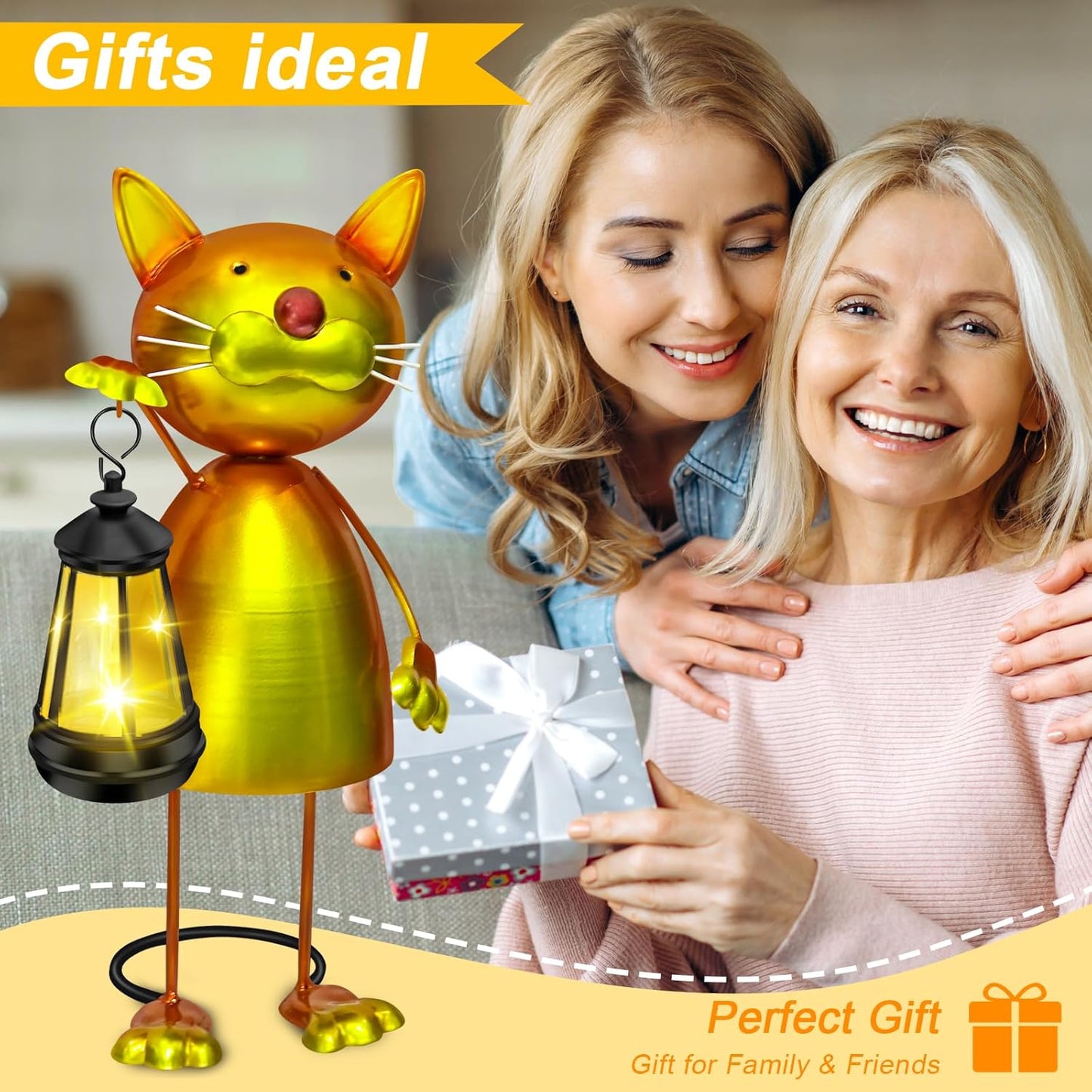 Solar Garden Decor Cat Statue with Solar Lights,13.78in Tall Metal Cat Figurines Decor,Birthday Gifts for Women Mom Grandma,Decorative Stakes for Yard Art Lawn Porch Patio Outside Decorations