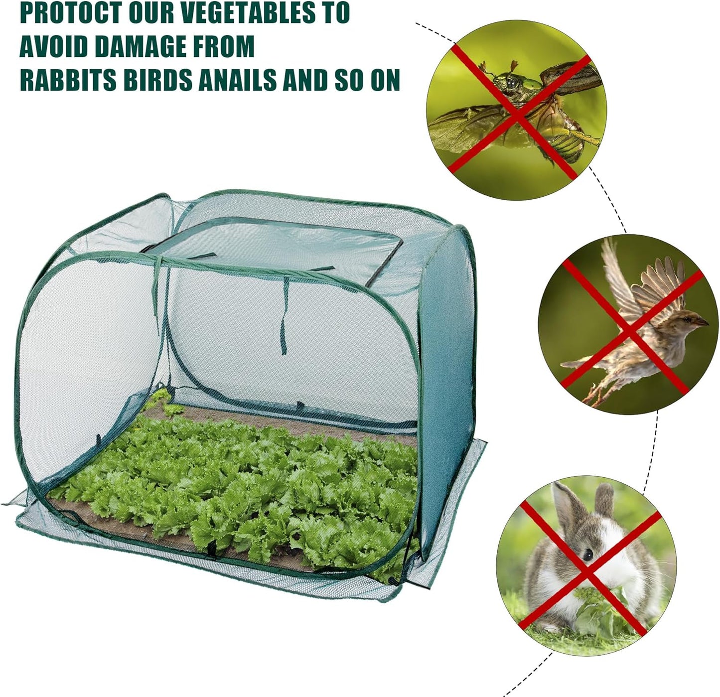 3 Pack Pop Up Mesh Plant Cover, Plant Protector for Raised Garden & Flower Bed, Net Cage Plant Guard for Fruits, Vegetables, Seedlings and Herbs, 8 Ground Stakes for Fixing.