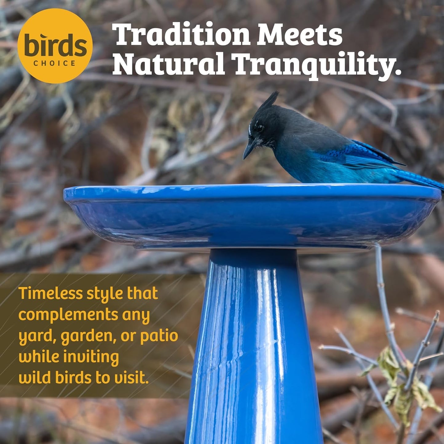 Birds Choice Ohio Stoneware Bird Bath | Pedestal Bird Bath, Stable Locking Top | Weather-Resistant Ceramic Clay, Glazed Finish | Outdoor Garden & Patio Decor | 22" H x 17" D, Summer Blue