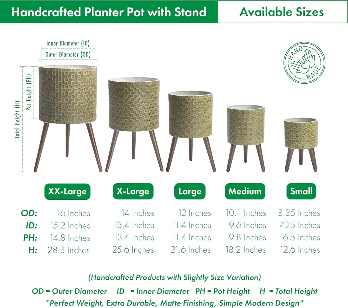 D'vine Dev 8 Inch Modern Geometric Tile Patterned Sleek Planter Pot with Stand, Indoor Outdoor Decorative Plant Holder, Distressed Olive, 88-Z-A-4