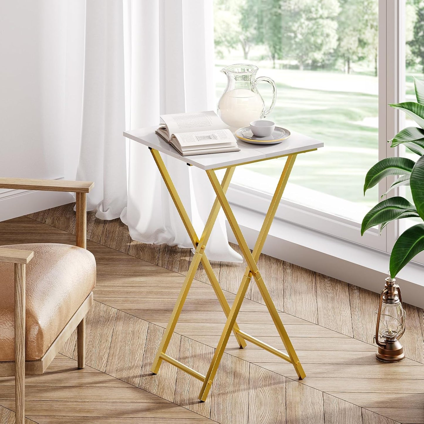 HOOBRO Folding TV Tray Table, Wooden TV Tray, Portable Sofa Side Snack Table, Industrial Desk for Small Spaces, Space-Saving, Easy to Install and Fold, Marble and Gold DM27BZ01