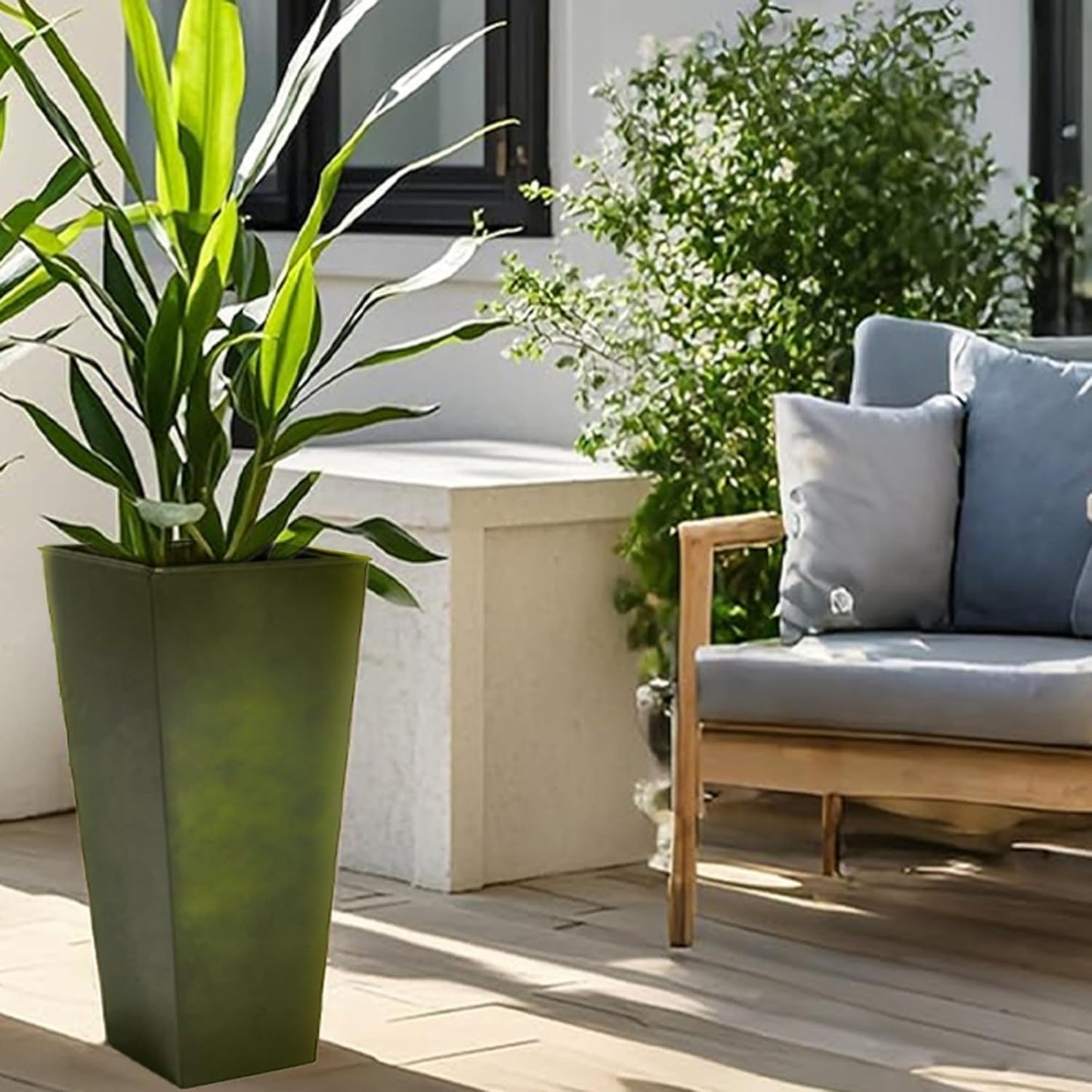 KOL 25'' & 28'' Tall Bright Glazed Planter with Insert, Set of 2, Galvanized Steel Planter Metal Pots with Drainage Hole for Indoor & Outdoor Use, Decorative Plant Pots for Front Porch, Patio - Green