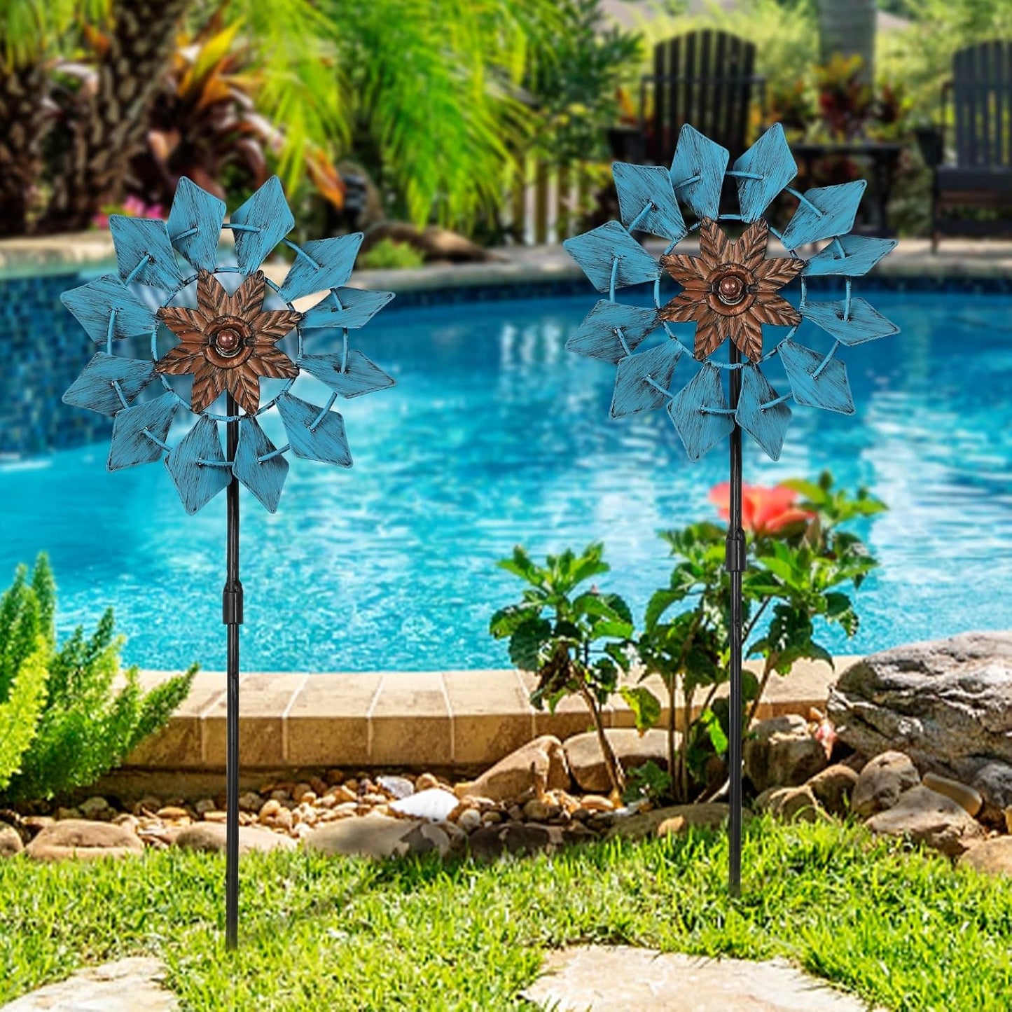 3 Pack Wind Spinners with Metal Stake, 16.3 Inches Yard Garden Sculptures for Outdoor Spring Decoration Lawn Patio Wind Catcher Windmill (Blue Flower)