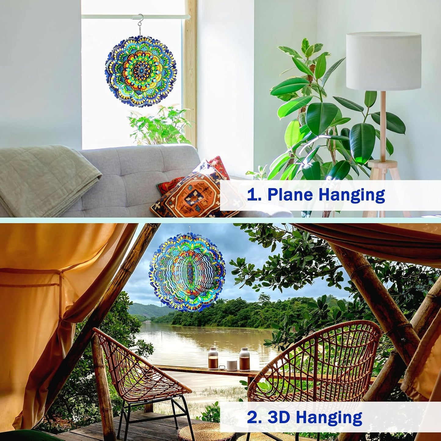 Wind Spinners Flowers Lucky Star 12 inch 3D Stainless Steel Laser Cut Metal Art Geometric Pattern Wind Sculpture Hanging for Yard Garden Decorations Gifts Indoor Outdoor