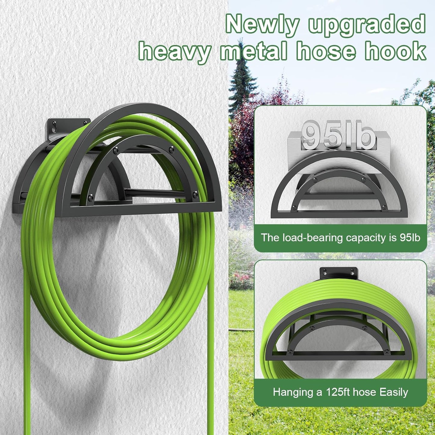 2 Pack Garden Hose Holder, Outdoor Hose Holder Wall Mounted Holds 125-ft Hose, Heavy Duty Metal Hose Hanger, Sturdy Detachable Hose Reel Storage Organizer, Hose Rack for Outside Garden Lawn Yard Farm