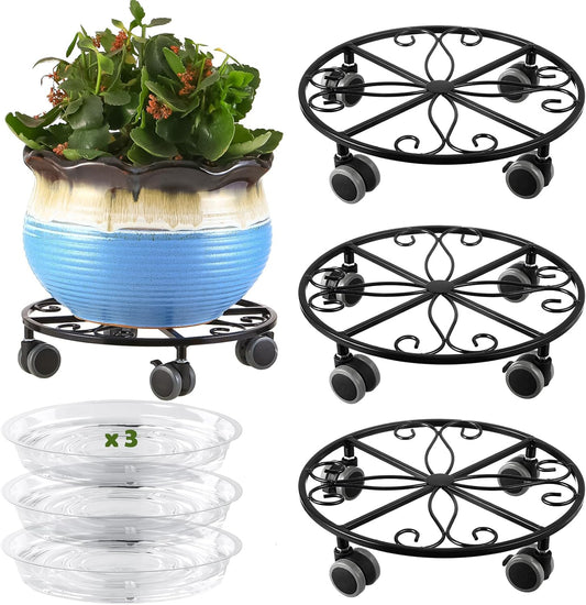 3 Pack Plant Caddy with Wheels Heavy Duty 13.5 Inches Metal Plant Stand with Wheels Plant Dolly Rolling Plant Stand Plant Roller with Casters for Indoor and Outdoor, Black