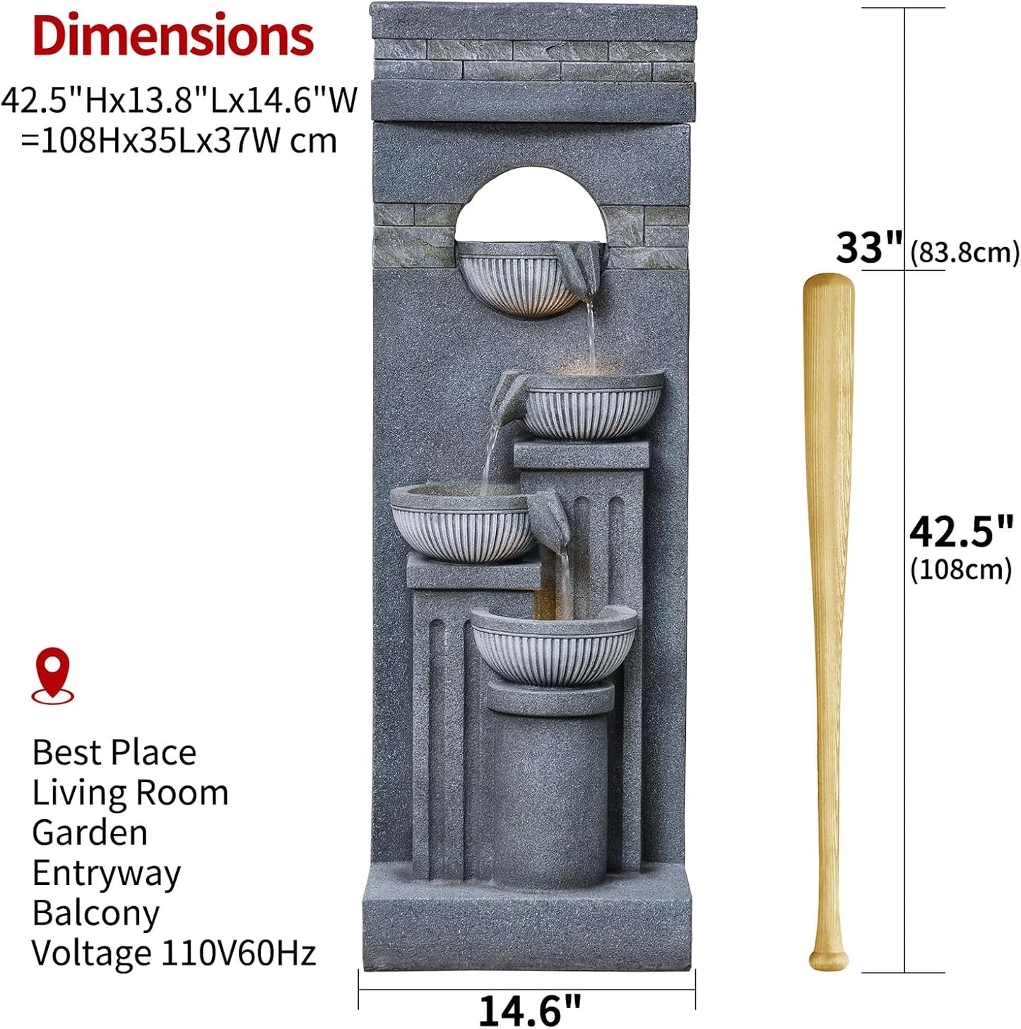 42.52" Outdoor Garden Water Fountain with Lights Floor-Standing 4 Tiers Cascading Large Waterfall Fountain for Patio, Backyard, Deck, Porch and Home Art Decor